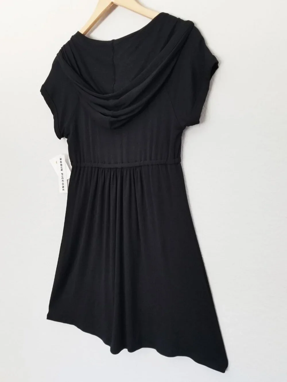NEW Robin Piccone Black V-Neck Wrap Drawstring Hooded Dress Swim Cover-Up M $125
